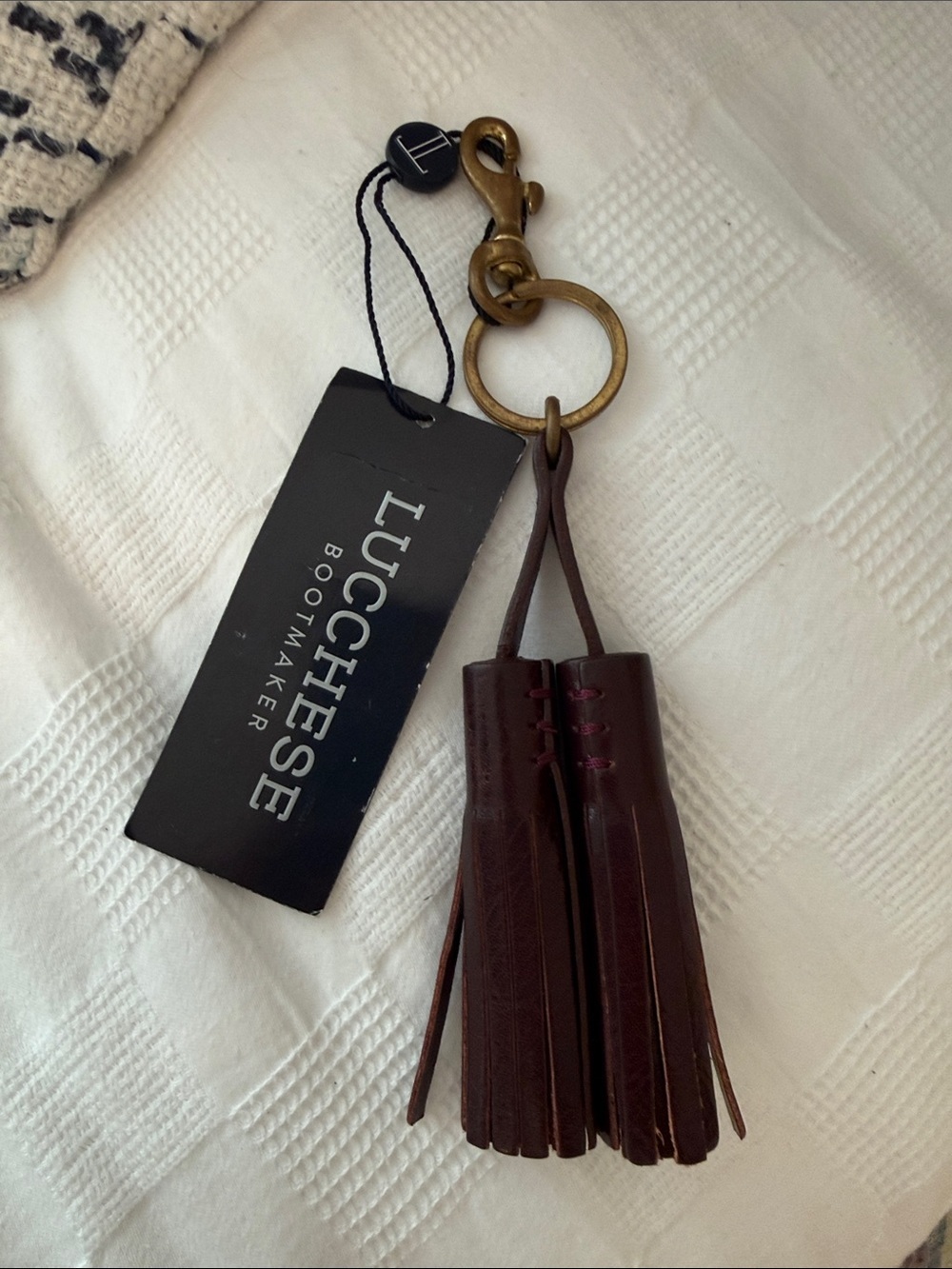 Lucchese Dark Brown Leather Double Tassel Keychain with Brass Hardware